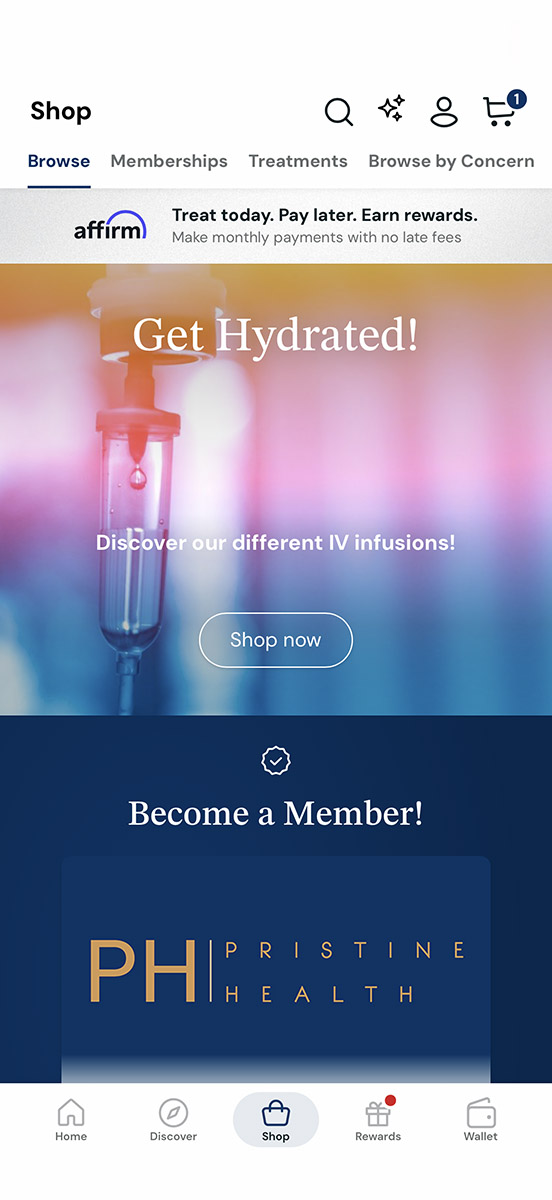 MyRepeat app shop screen with IV infusion offers