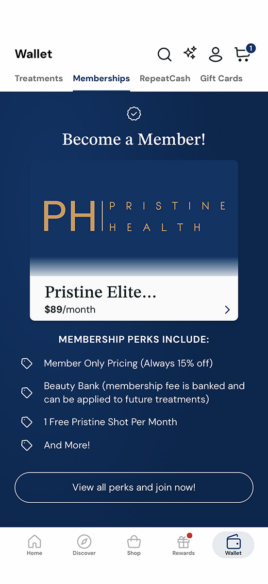 MyRepeat app wallet screen showing the Pristine Elite membership