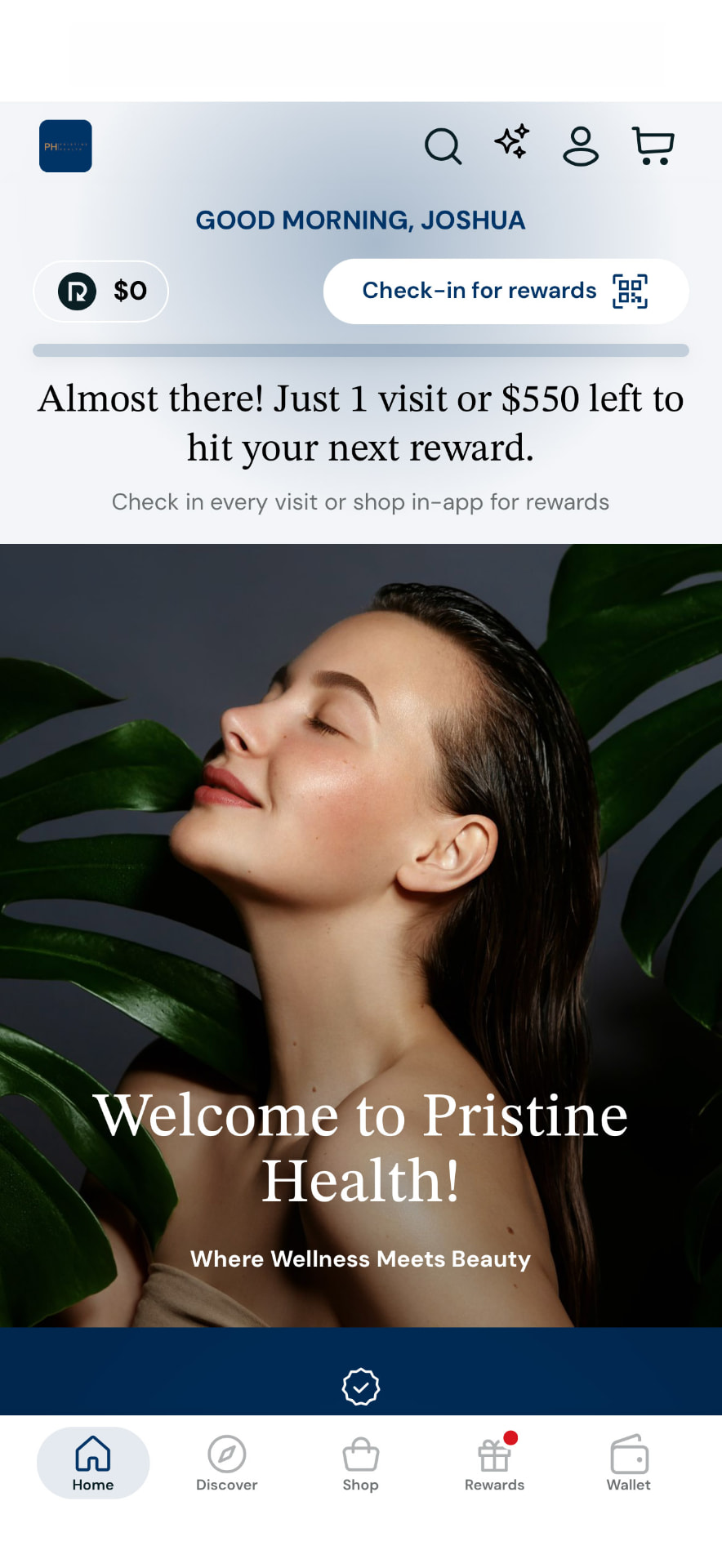 MyRepeat app home screen showing rewards progress for Pristine Health